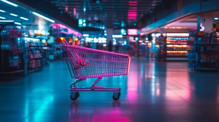 Shopping cart illuminated by vibrant neon lights inside a modern retail space