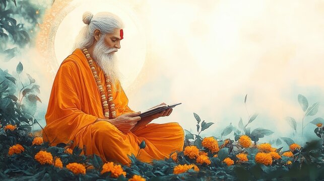 Celebration of Valmiki Jayanti Festival with a Wise Sage in Vibrant Orange Robes Surrounded by Nature