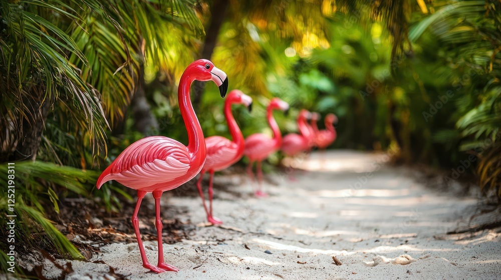 Aufkleber A row of plastic flamingos displayed on a sandy path leading to a beach party 