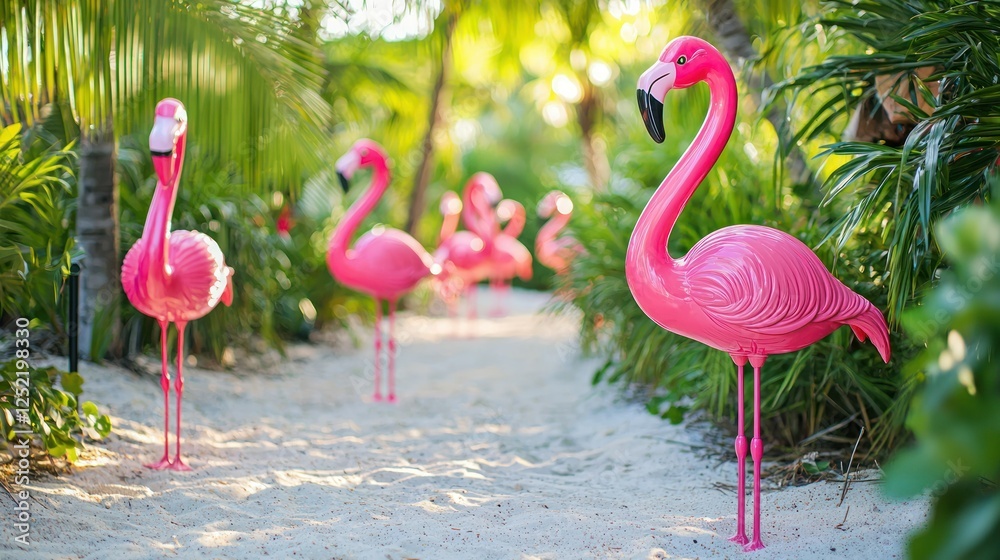 Poster A row of plastic flamingos displayed on a sandy path leading to a beach party 