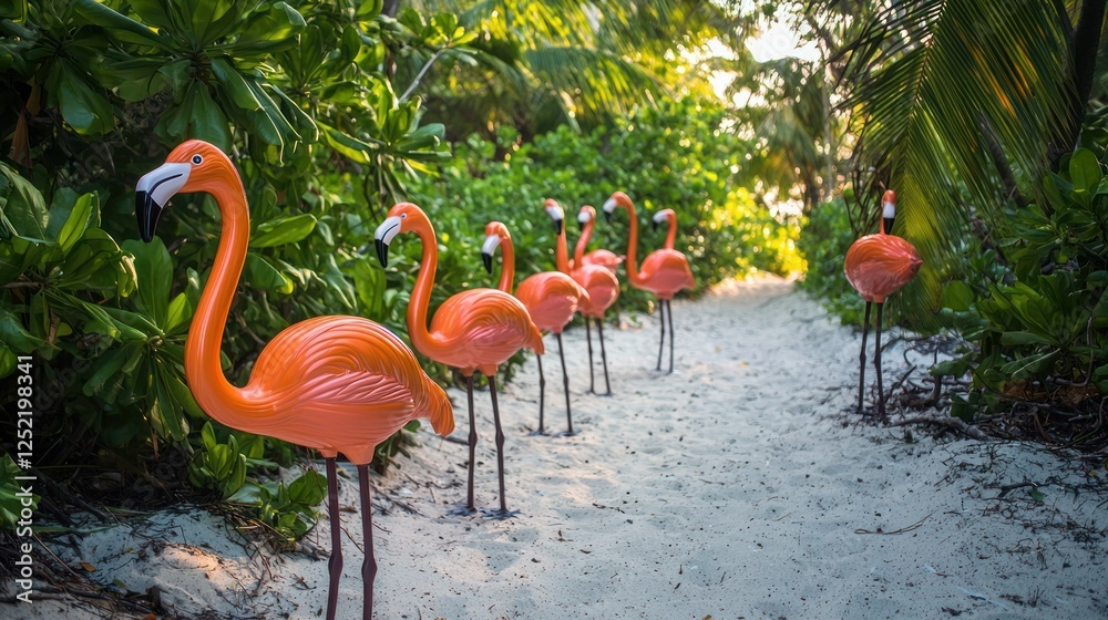 Aufkleber a row of plastic flamingos displayed on a sandy path leading to a beach party