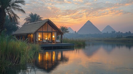 Fototapeta premium Lakeside Cabin Sunset View of Giza Pyramids