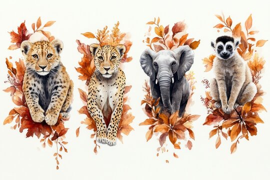 Animal watercolor illustration with lion lioness leopard monkey lemur elephant among autumn leaves tropical foliage