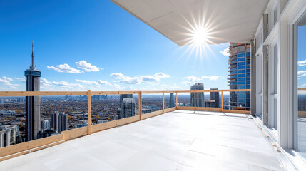 construction site balcony with stunning city skyline view and sunlight