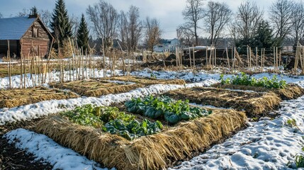 A rural vegetable garden in winter, with raised beds covered in straw for insulation.