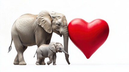 Obraz premium A loving mother elephant gently nuzzles her baby, both standing next to a large red heart on a clean white background.
