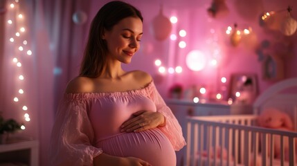 Expecting mother in softly lit nursery preparing for new arrival