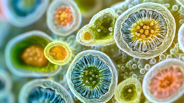 Microscopic protist cells in detail: a study on microbial life forms. Invisible Beings. Illustration