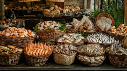 A rustic seafood market stall with an assortment of fish and shellfish displayed in woven baskets. 