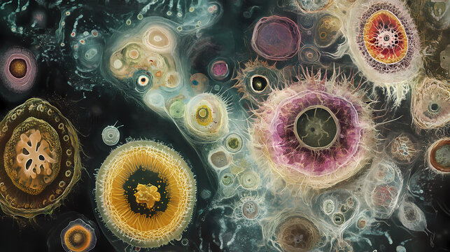 Microscopic protist cells in detail: a study on microbial life forms. Invisible Beings. Illustration
