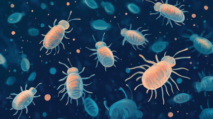 Microscopic view of dust mites, allergy triggers and prevention. Invisible Beings. Illustration