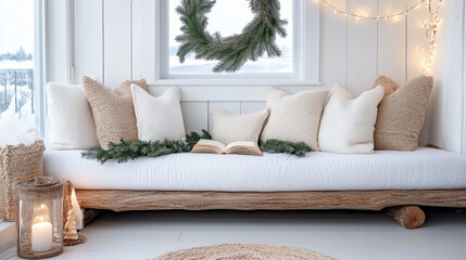 Cozy reading nook with holiday decor, soft pillows, and warm ambiance