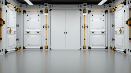 Futuristic white room, double doors, grey floor, spaceship interior, sci-fi background, perfect for futuristic designs