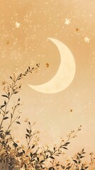 Crescent Moon and Floral Branches against Beige Sky