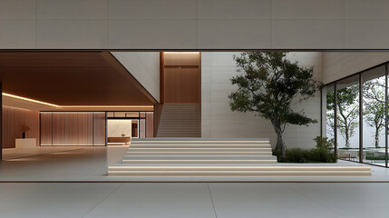 Modern lobby interior design, stairs, tree, tranquil background, architectural visualization