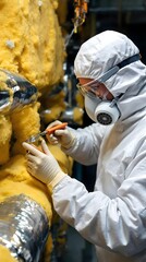 Specialist carefully removing asbestos insulation from pipes, ensuring safe removal of hazardous material, wearing protective gear,