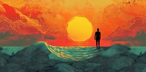 Silhouetted figure stands at the waters edge during sunset