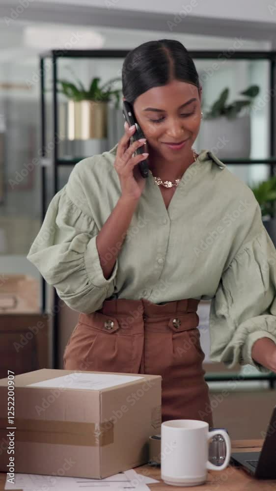 Poster woman, phone call and distribution for box with laptop, label and smile with delivery info for e com