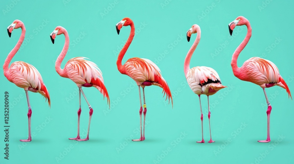 Poster A seamless pattern of pink flamingos standing in various poses, set against a turquoise background. 