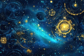 Intricate clockwork mechanisms float amidst a vibrant cosmic nebula scene