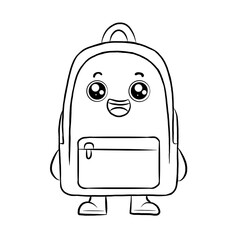 Cute backpack cartoon character isolated on white background, icon vector, line art.