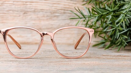 Rose gold eyeglasses on wood, greenery background.  Lifestyle product shot