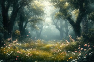 Obraz premium serene forest scene with vibrant wildflowers and winding path in enchanting mythical landscape