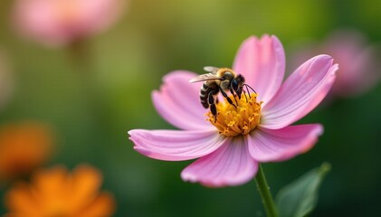 Bee visits a delicate flower to collect nectar and pollen, flowers, nature