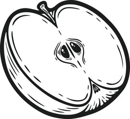Apple slice half piece fruit organic food vegetarian snack engraving hand drawn illustration black white isolated vintage line art sketch silhouette graphic style poster label web