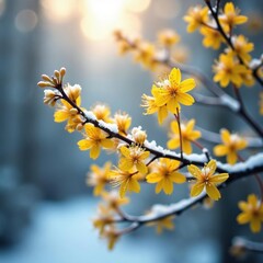 Caragana branches with yellow flowers and snowflakes, siberian peashrub, yellow