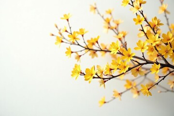 Delicate branches tangled with golden flowers against a crisp white backdrop, hazel tree, ornamental, golden flowers