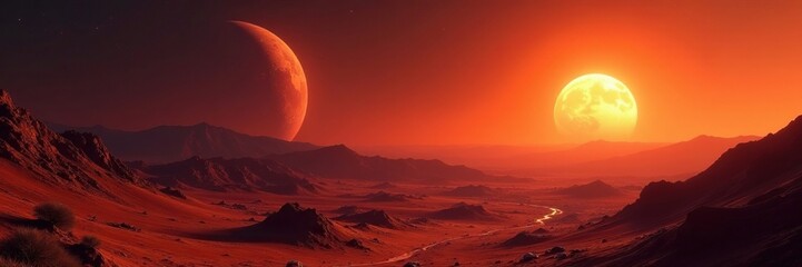 Earth's atmosphere glowing on Martian horizon at dawn, Mars, Planet