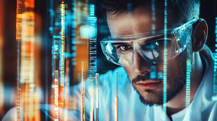 An image depicts scientific data processing alongside a Caucasian male scientist working with test tubes in a laboratory.