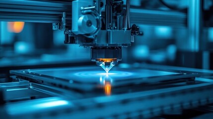 3D Printer Operation in Action with Cool Blue Lighting and Intricate Machinery