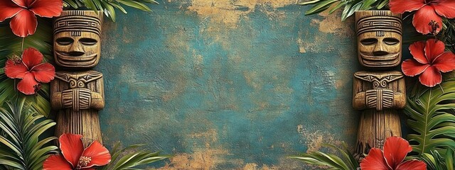 Tropical Tiki Invitation Template Illustration for Luau Party Celebration with Hibiscus Flowers and Palm Leaves