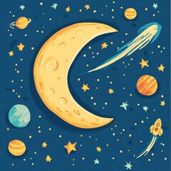 Fototapeta premium Cartoon crescent moon floats in a starry space scene