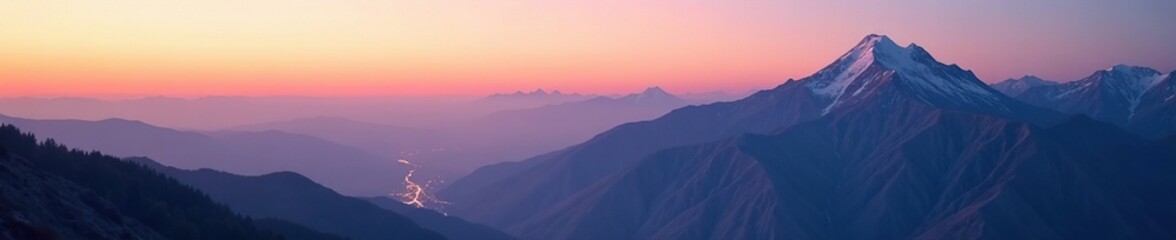 Obraz premium Soft peach light illuminates mountainside at dusk, evening light, serene atmosphere, natural scenery