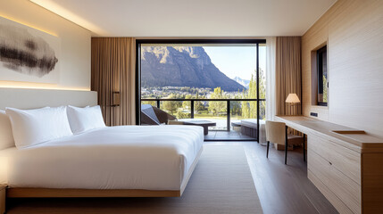 Fototapeta premium Modern hotel room with mountain view, featuring minimalist design and comfort