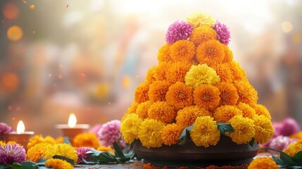Celebration of Bathukamma with Marigolds and Chrysanthemums in Traditional Indian Style