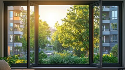 Modern French Balcony Doors Aluminum Window with PVC Frame Open View of Green Trees and Buildings