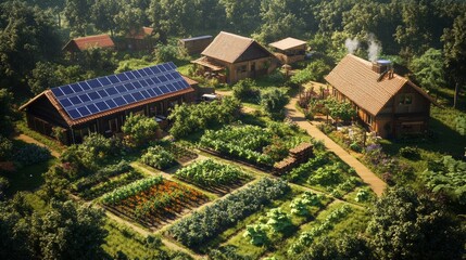 Sustainable farm with solar panels and vibrant gardens located in a lush rural area