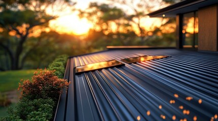 Modern Corrugated Metal Roof Reflecting Sunset Warm Light with Nature Bokeh