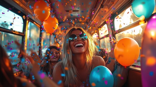 Happy young girls celebrating a fun bachelorette party in a vibrant bus with colorful balloons and confetti during summer