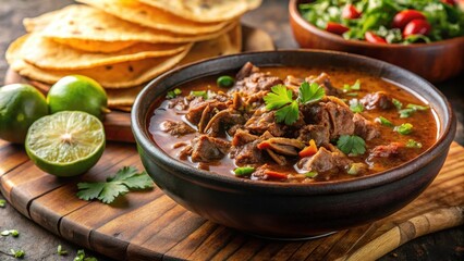 Beef birria served in a shallow bowl with steaming tortillas piled around the edge, mexican cuisine, tortillas