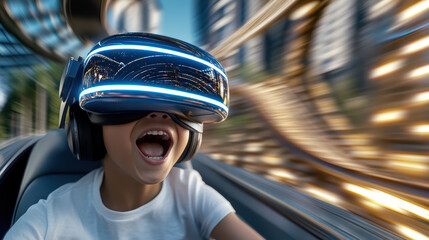 Child enjoying thrilling VR ride in futuristic theme park