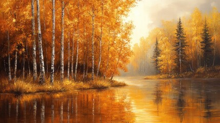 Obraz premium Autumnal Birch Trees Reflecting in Calm Water