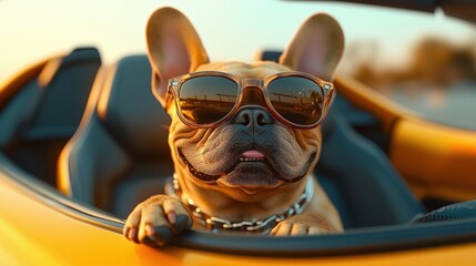 Cool French Bulldog Driving Luxury Sports Car with Sunglasses and Gold Collar