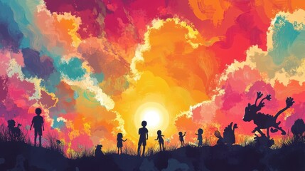 Children stand silhouetted before a brilliant and colorful sunset