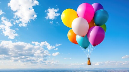 Naklejka premium Colorful balloons float against a blue sky, land visible below; celebration, joy