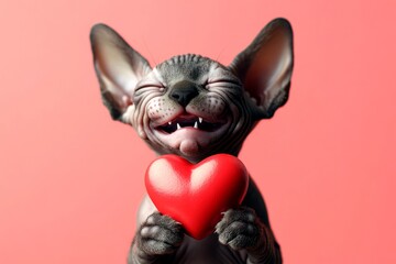 Cute sphynx feline infant with critter toy red heart - emblem of love, funny greeting card. Sphynx - my cherished cat. Promotion concept visual image design. Romantic cat art. Fluffy cat.